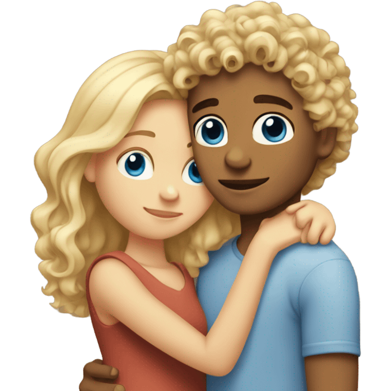 blonde blue eyed girl hugging mixed boy with curly brown hair emoji