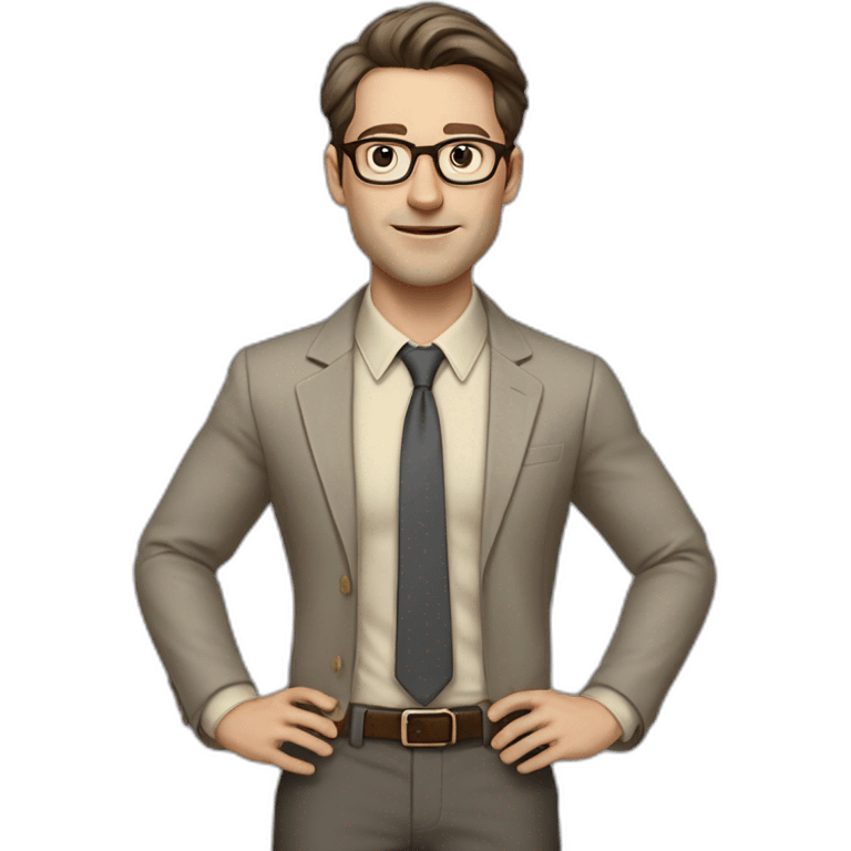 Full height Actively Gesturing Pale skinned fit man with dark brown hair in gray jacket, beige office shirt, brown tie, brown pants and vintage glasses. emoji