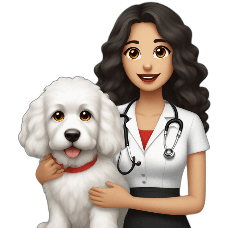 young moroccan woman with dark brown eyes, dark long curling hair, red lips, a black dress, a stethoscope and a white cotton of tulear dog on her laps and chips in her hand emoji