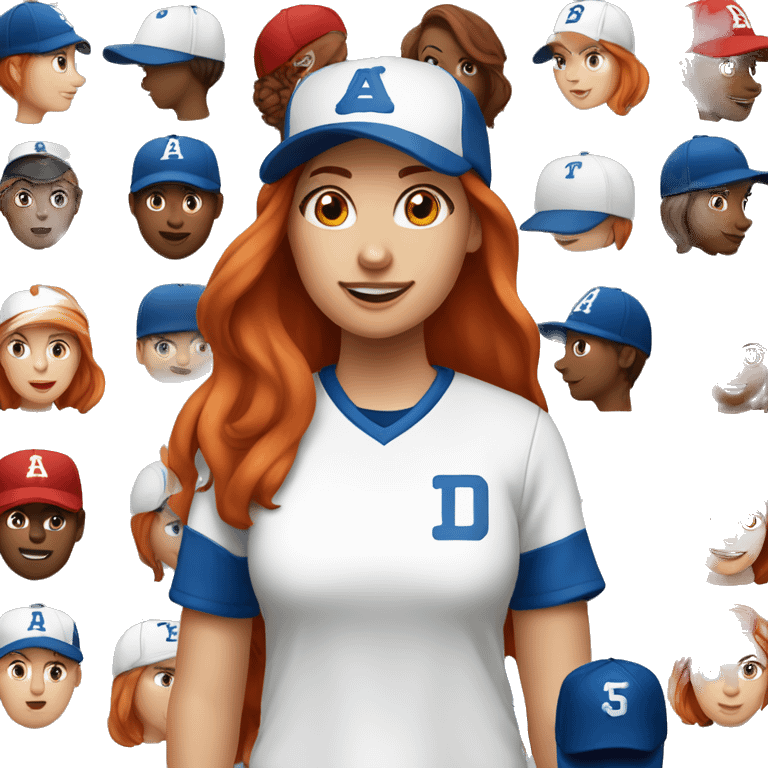 standing up white female coach with long red hair in white t-shirt and with a simple blue baseball hat emoji