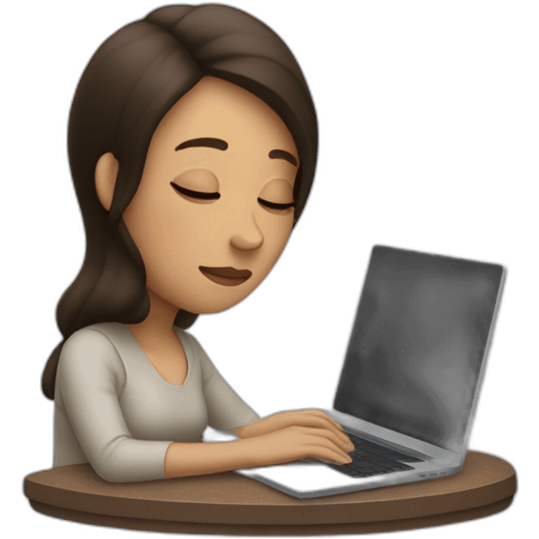 Brunette woman leaning against laptop eyes closed emoji