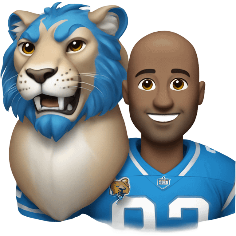 smiling bald man in blue, rinding a lion wearing a Detroit Lions helmet emoji