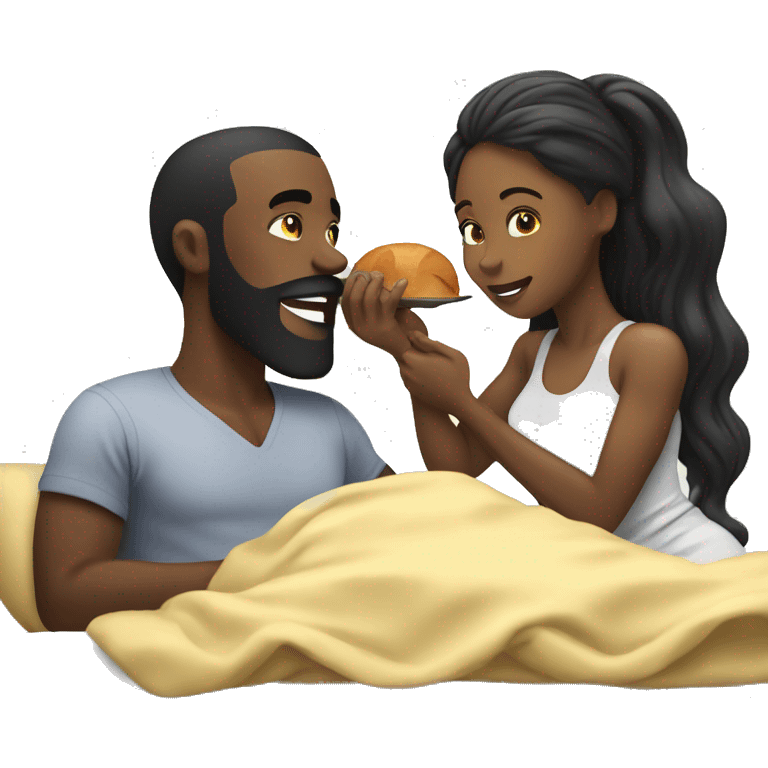 Black woman feeding black man with gray beard breakfast in bed emoji