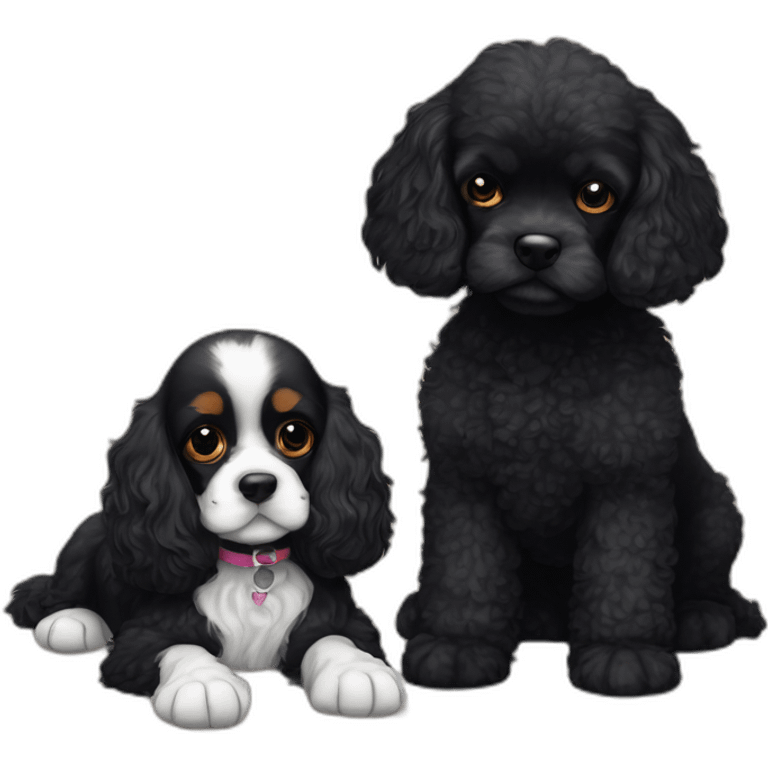 blenheim cavalier king charles spaniel and black poodle cuddle each other  emoji