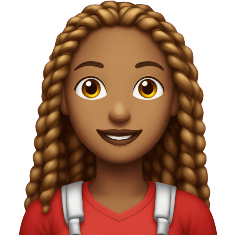 Light brown lady smiling,  brown long African braids, bright red lips, eyelashes, wearing red “happy Valentine’s Day” t shirt emoji