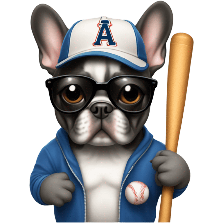 A French bulldog with a baseball bat and a baseball cap on with dark sunglasses emoji