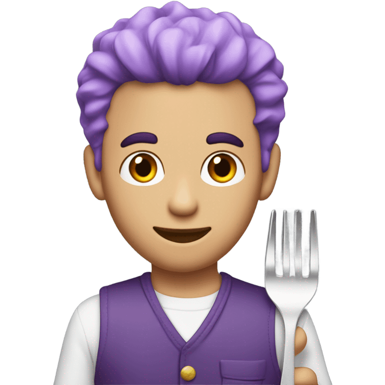 A peach skinned man  with purple hair and he has a jumpsuit that has the number white 230 on his jumpsuit and he is holding a fork and the color of the fork is half red half gray emoji