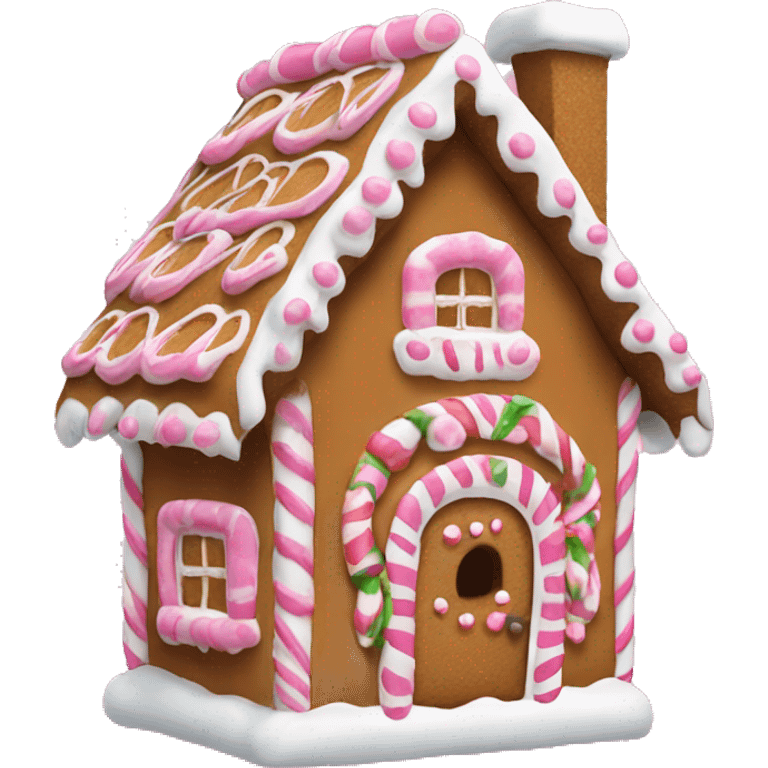 a gingerbread house with pink and White frosing around the edges emoji