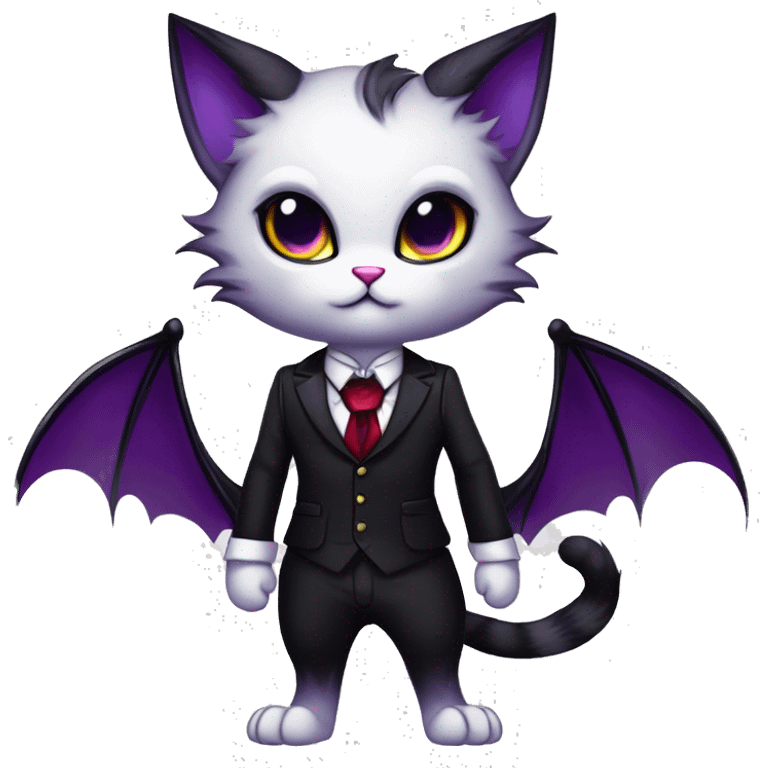 Cute-Edgy-Vampiric-Batty-Cat-Black-Purple-Red-Yellow-Contrast-Colors-Fantasy-Fur-Sona-Chibi-Shiny-Fakémon-Hybrid with horns and big fangs neck bow white tie leg spats full body emoji