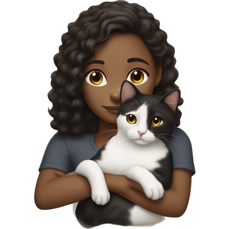 Black and white cat sitting on brown girl with dark curly hair face emoji