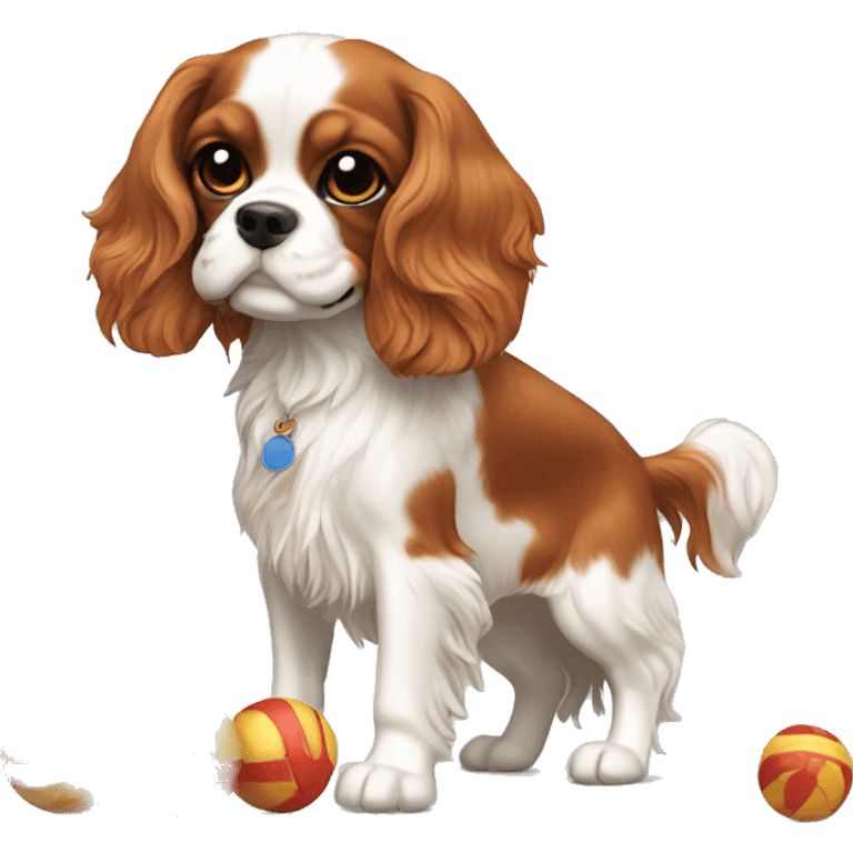 Cavalier King Charles spaniel playing with toy emoji