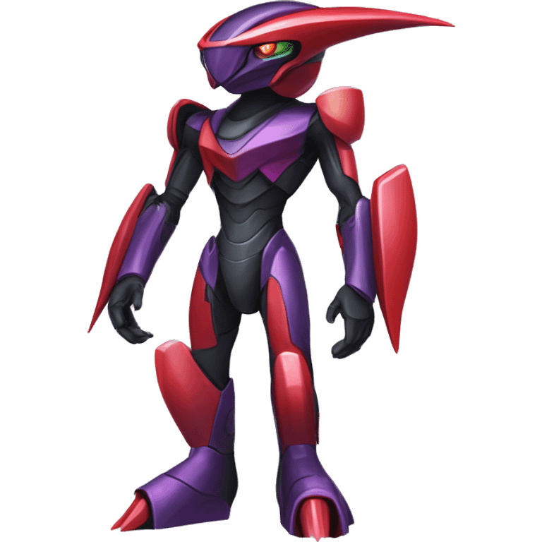 a shiny black-purple-red Genesect-Flygon-Raptor-Fakémon-Medabot-hybrid with a futuristic visor-helmet full body emoji