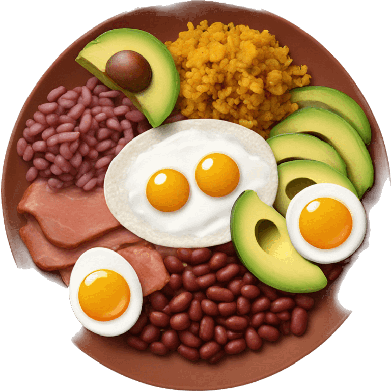 A plate with red beans, chorizo, rice, a fried egg, avocado, mince, pork belly and plantain in a plate emoji