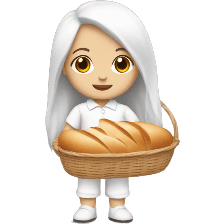 cute white doll, with jumpsuit, white shirt in it, long straight hair, holding a bread basket emoji