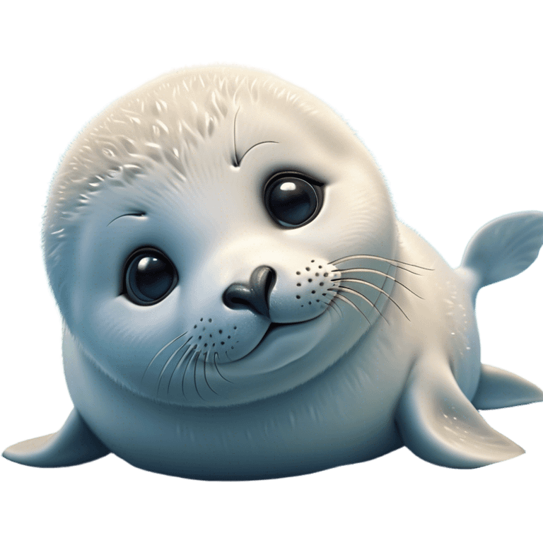 Cinematic Cute Baby Seal Portrait Emoji, Head tilted playfully and inquisitively, featuring a charming, pudgy body with velvety, damp fur, oversized round eyes brimming with innocent wonder, and a soft, cuddly face, Simplified yet irresistibly adorable features, highly detailed, glowing with a warm, frosty glow, high shine, affectionate and lively, stylized with a touch of whimsical polar magic, soft glowing outline, capturing the essence of a mischievous yet loving baby seal that seems as if it could waddle out of the screen into your arms! emoji