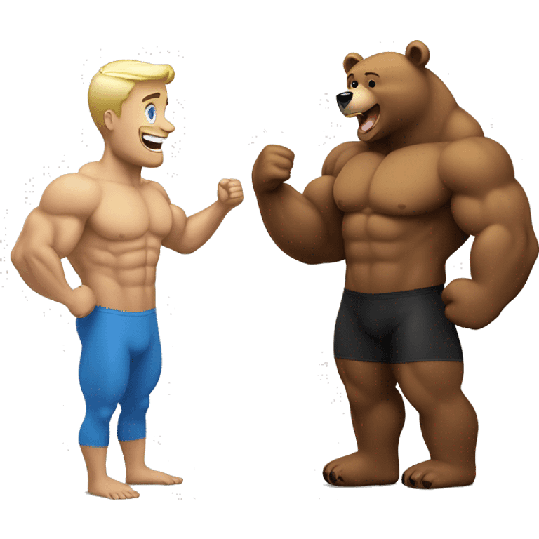 A happy bear talking with  bodybuilding blond man emoji