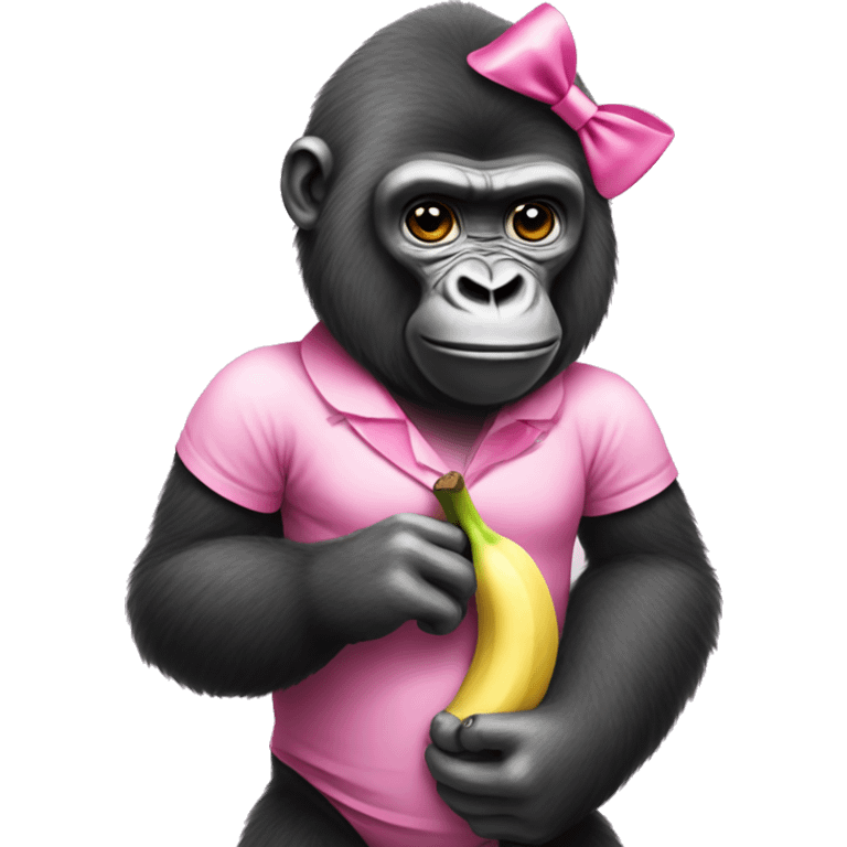 Gorilla wearing a pink bow and holding a banana  emoji