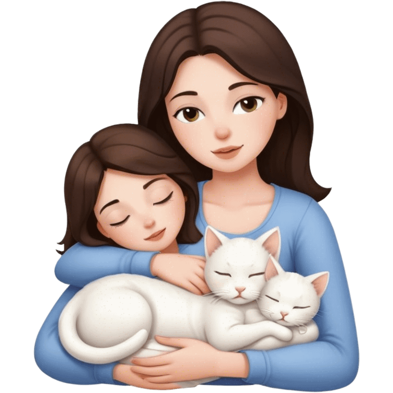 White kitty sleeping on brunette white girl's lap emoji