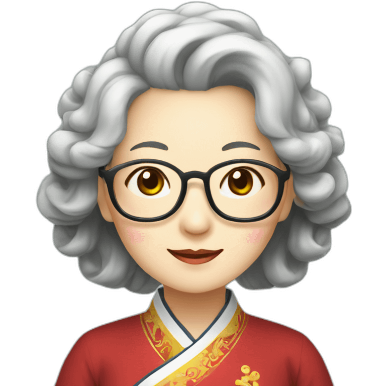 Chinese seniors lady wear glasses has wavy long hair wear Chinese traditional dress show appreciation sign emoji