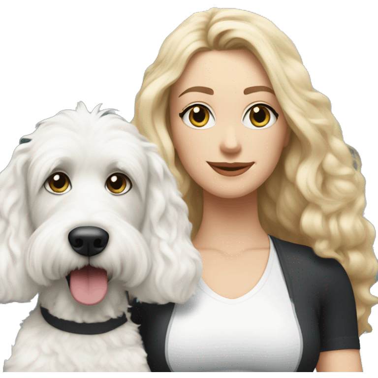 white woman with long blonde hair and cat shaped eyes wearing a yoga outfit standing alongside a black and white colored bernadoodle dog emoji