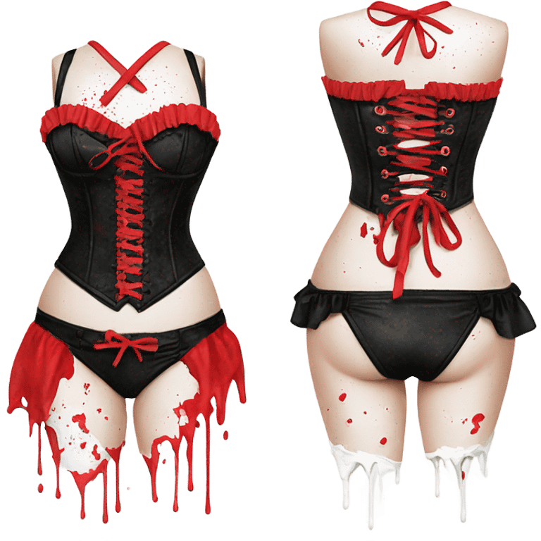 Red and black corset top with bikini bottom splattered with white paint  emoji