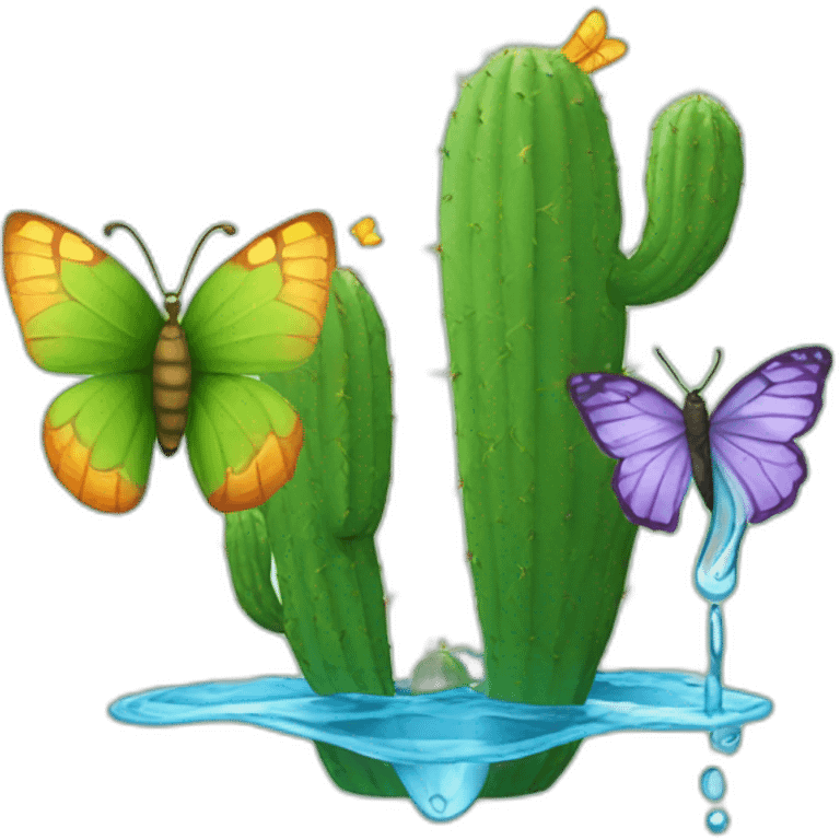 a cactus and a butterfly that love each other being watered by water emoji