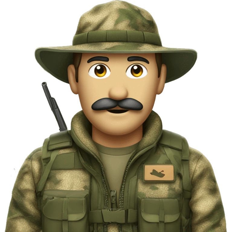 A man in camo hunting gear with mustache emoji