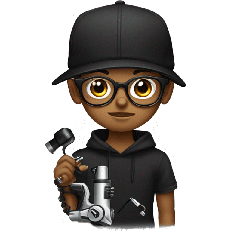 black cap, hoodie and glasses boy holding tattoo machine emoji