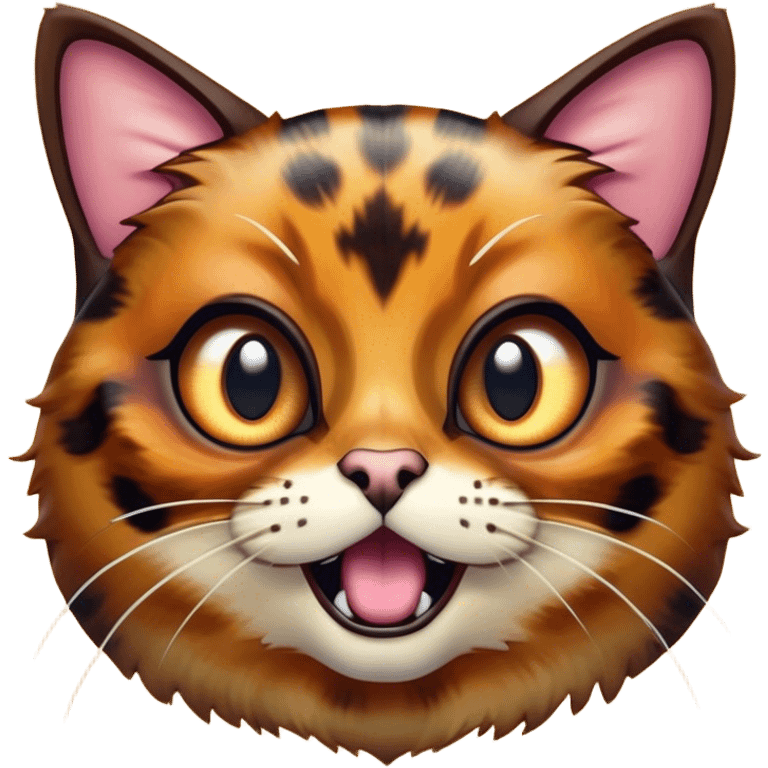 Cinematic Comical Tortoiseshell Cat Portrait Emoji, Head cocked dramatically with an over-the-top shocked expression, featuring a rich mottled fur of browns and blacks and wide, comically animated eyes full of playful disbelief, simplified yet hilariously detailed, glowing with a bold, sassy radiance, high shine, exuding a mischievous and spirited charm, styled with a soft glowing outline, capturing the essence of a tortoiseshell cat that appears ready to burst into comical antics! emoji