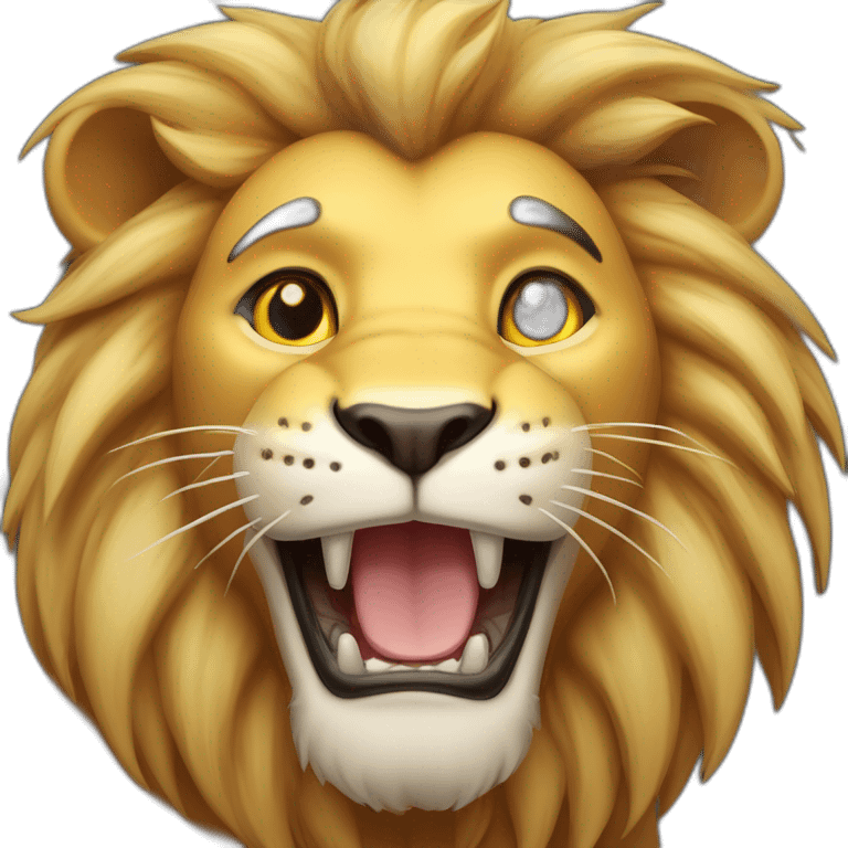 beaming face lion with smiling eyes (robust and muscular build, showcasing its strength and dominance. - Its fur will be a rich golden color) emoji