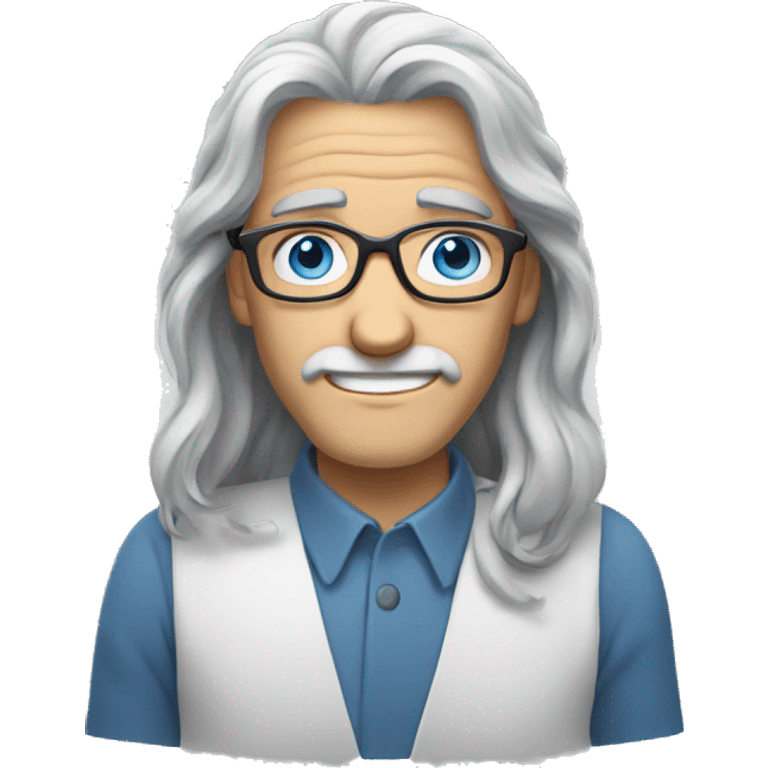 long gray hair, blue eyes, glasses, writing emoji