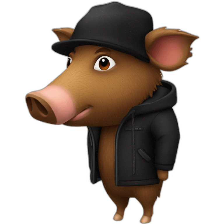 a wild tired brown boar in a black jacket and a black winter hat emoji