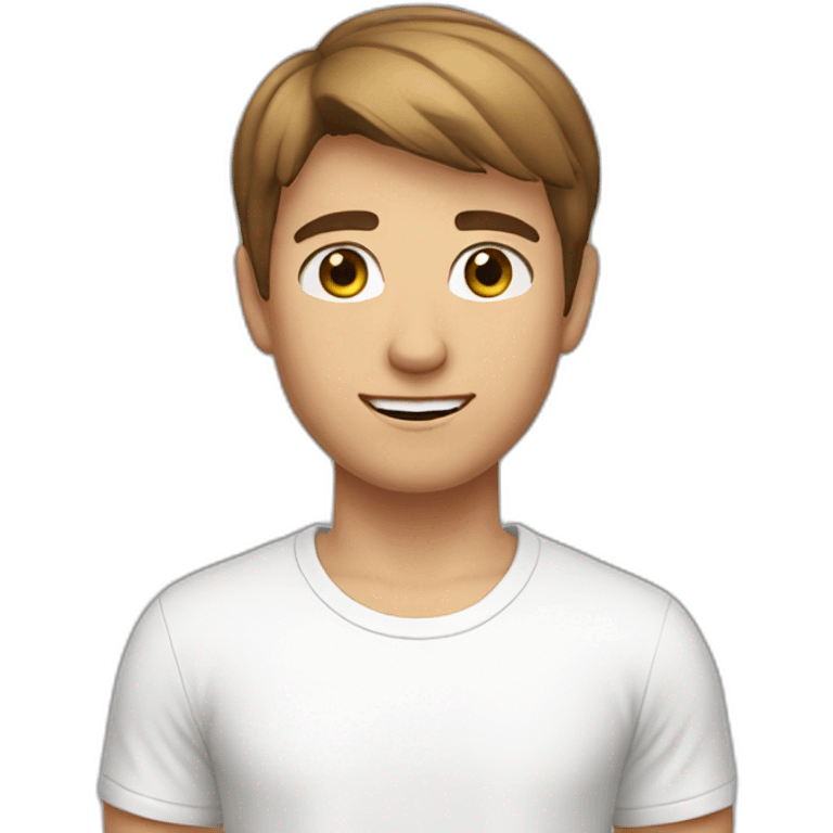 a young man white shorter brown hair and brown eyes wearing a white t-shirt emoji