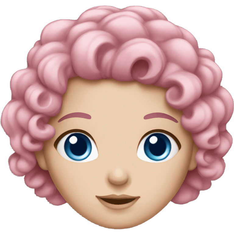 White girl with blue eyes, curly pink hair, and pink eyebrows emoji