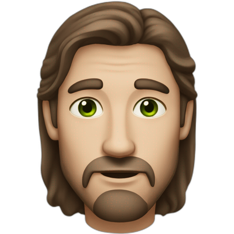 a long brown haired men with rhombus-shape face green eyes and big ling nose emoji