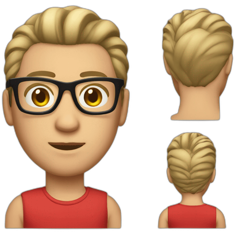 slicked back hair, white, rectangle glasses, red shirt emoji