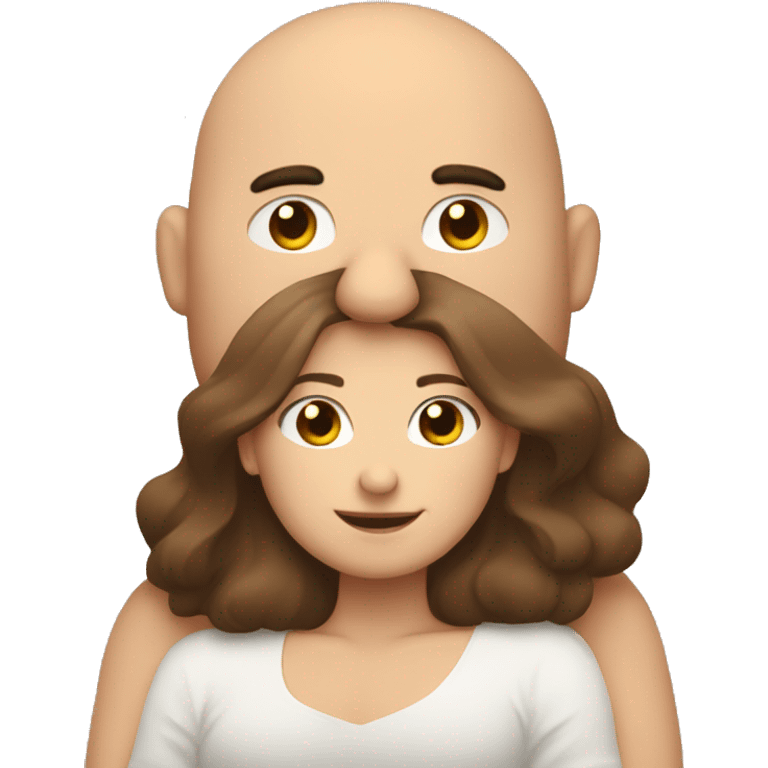 Long brown hair girl hugging bald chubby guy emoji