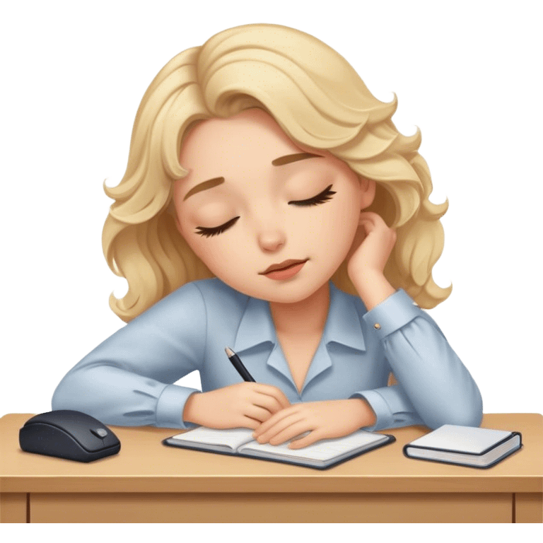 Pretty blonde model, brown eyes, soft wavy hair, falling asleep at desk emoji