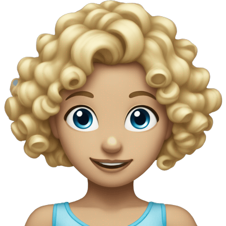 Blonde curly hair girl with blue eyes dancing with a Mickey ears emoji