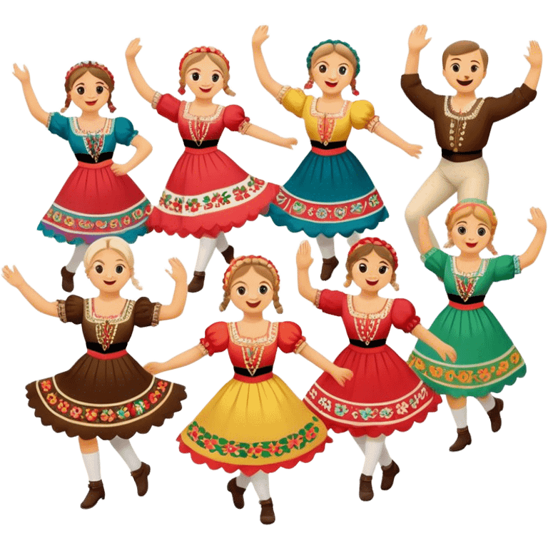 Cinematic Realistic Mazurka Dance Emoji, depicted as a lively traditional Polish folk dance scene with colorful costumes and spirited movement, rendered with dynamic textures and vibrant festive lighting that captures its rhythmic energy. emoji