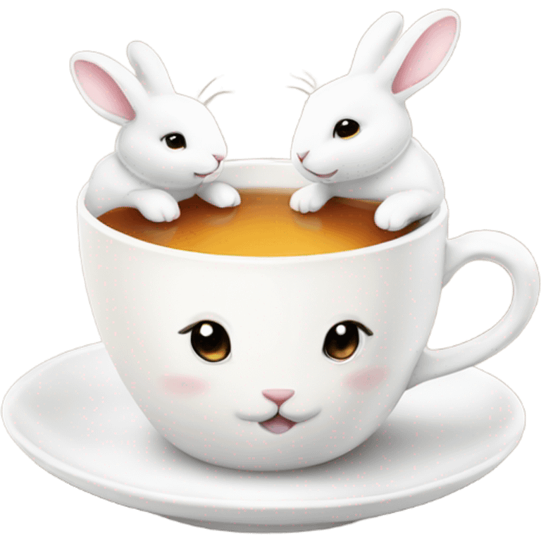 Cup of tea with white cute rabbits  emoji