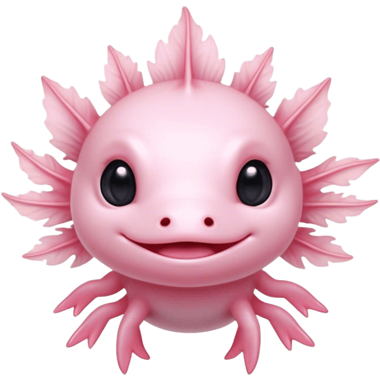 Cinematic Cute Axolotl Portrait Emoji, Head tilted playfully and inquisitively, featuring smooth, pale pink skin with delicate feathery gills and round, sparkling dark eyes filled with curiosity, Simplified yet irresistibly adorable features, highly detailed, glowing with a warm, magical glow, high shine, affectionate and quirky, stylized with a touch of whimsy, bright and endearing, soft glowing outline, capturing the essence of a mischievous yet charming aquatic friend, so playful it feels like it could swim out of the screen and into your heart! emoji