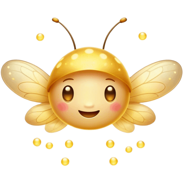 Cinematic tiny glowing firefly, round and chubby, soft golden light, tiny happy face, gentle floating motion, surrounded by dreamy sparkling dots. emoji