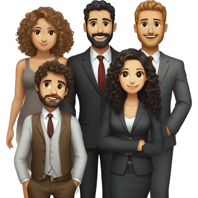 One curly hair tanned guy and and one curly dark hair girl one fat guy with a beard and one girl with brown curly hair and two twinsExclusic club guys and girls five people  suits and hanging around they are light skinned and white a table emoji