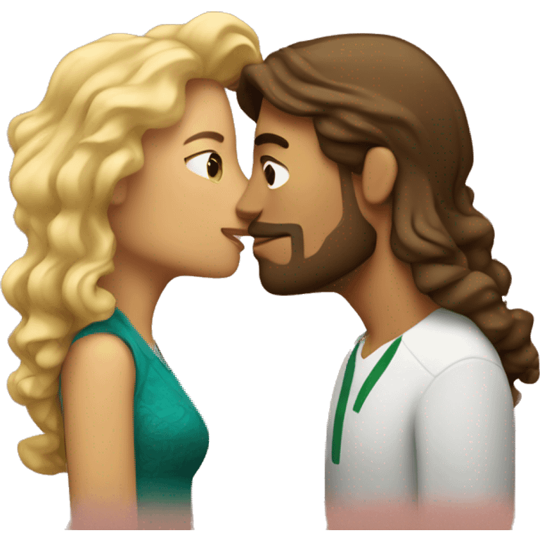 Couple kissing Mexican woman with long curly brown hair taller white man with short blonde hair emoji