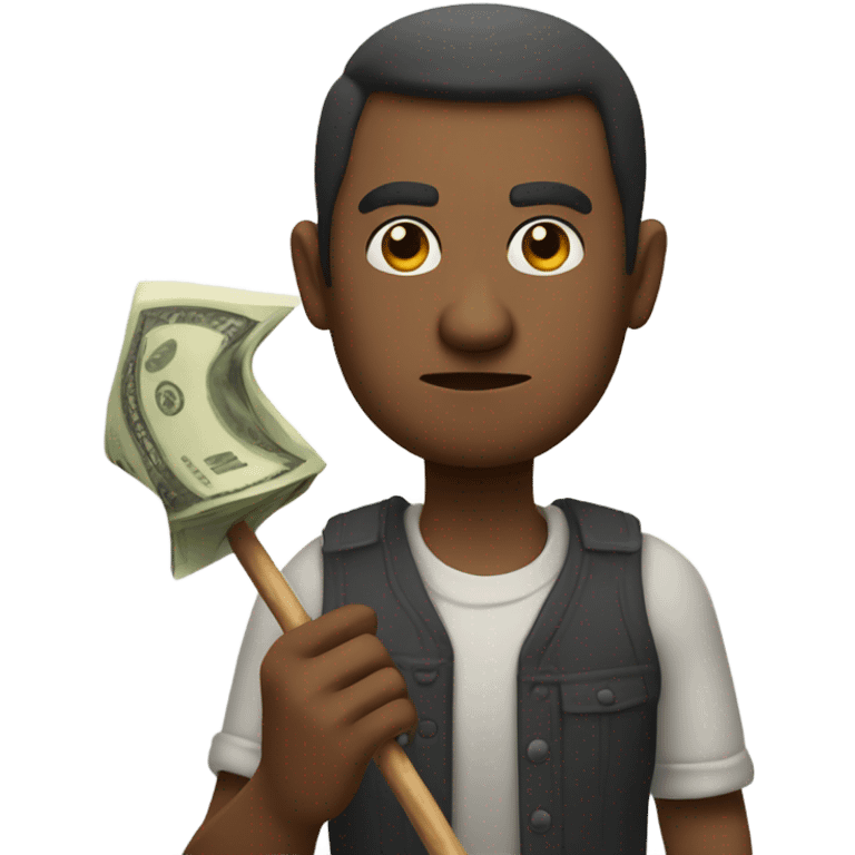 Man sticking out his hand with money and a scowl and a stick in the other hand emoji