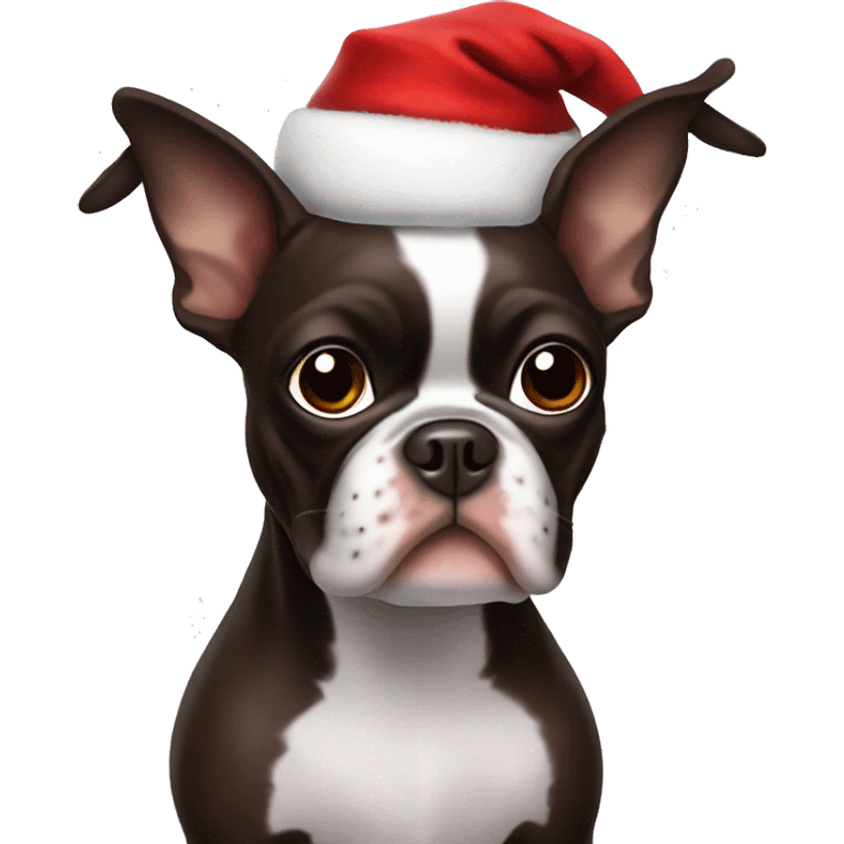 Dark brown Boston terrier dressed as Santa Claus emoji