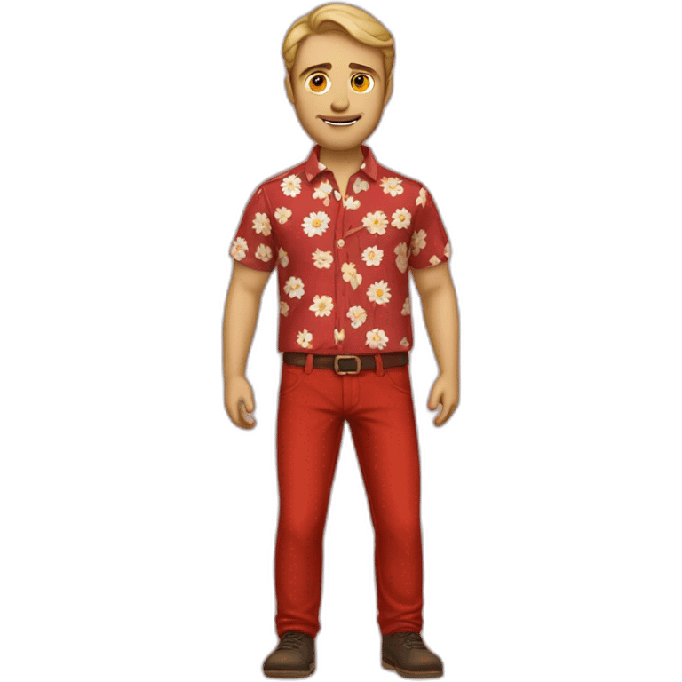 white man dark hairs flower shirt red pant emoji