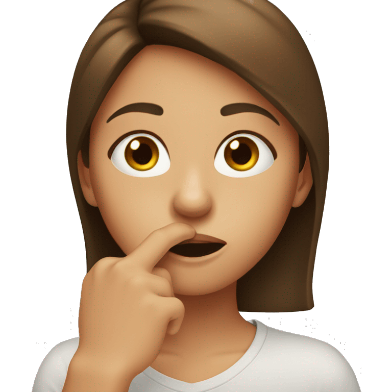 Brown-haired girl, puts her finger at her mouth, like a "secret" emoji