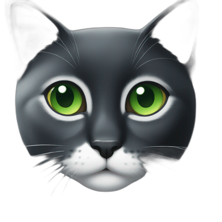 A black cat with green eyes with a white mustache and white spots emoji